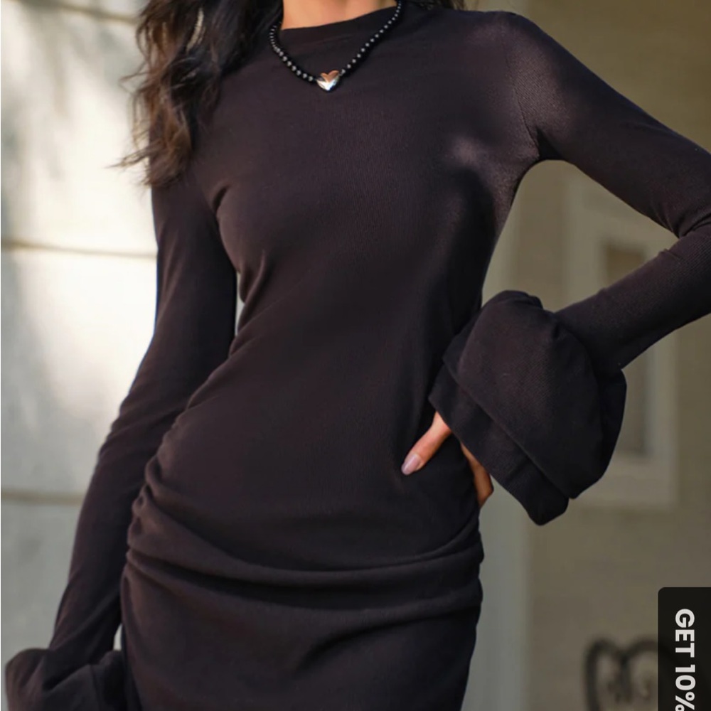 Commense Black Ribbed Bodycon Dress with Bell Sleeves